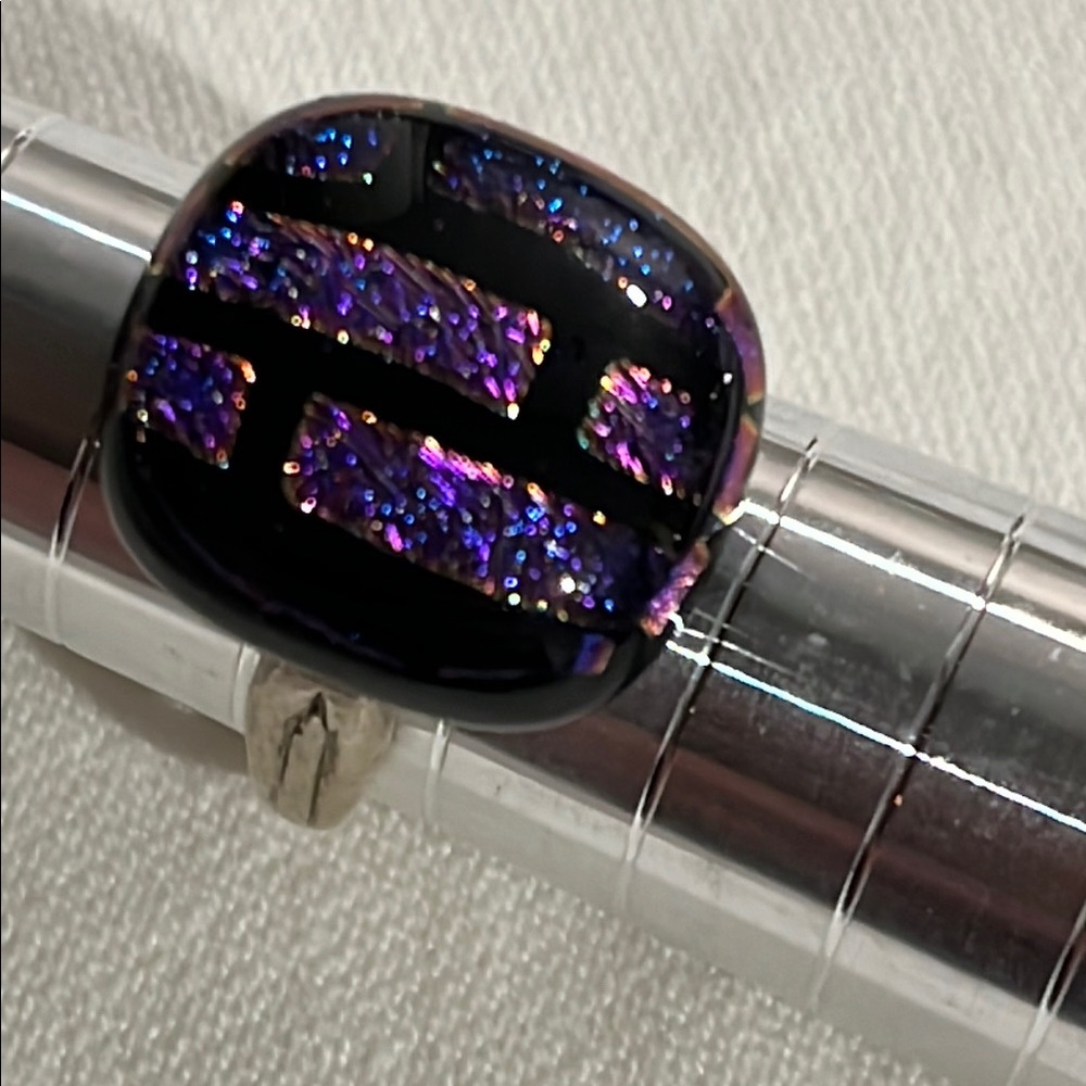 Handcrafted Dichroic glass Black and Purple Sterling ring 6